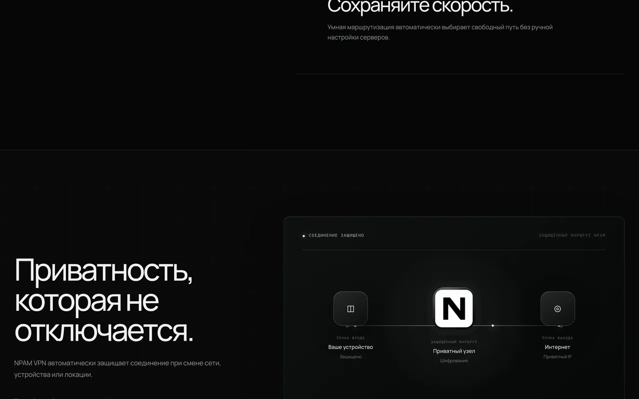 Раздел сайта NPAM VPN про постоянную защиту соединения со схемой маршрута трафика